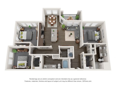 Floor plan for 3 beds, 2 baths, 1371 sqft